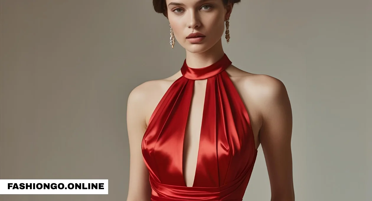 fame and partners vania red plunge halter satin dress