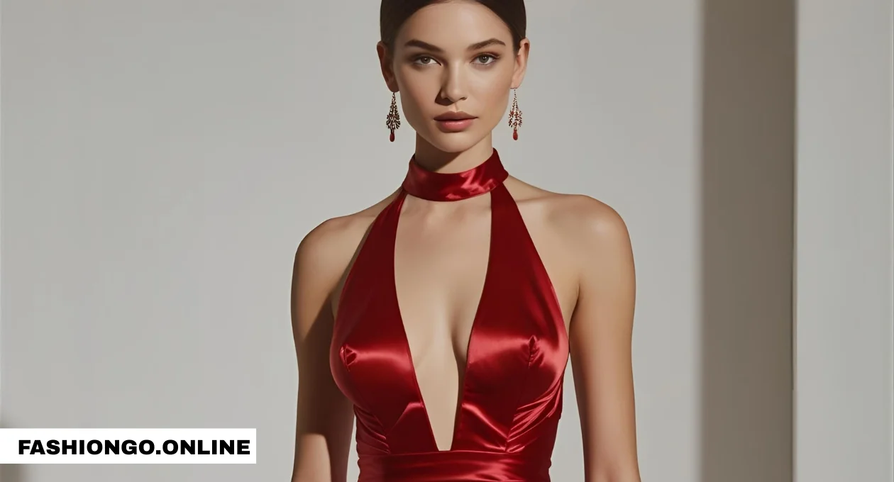 fame and partners vania red plunge halter satin dress