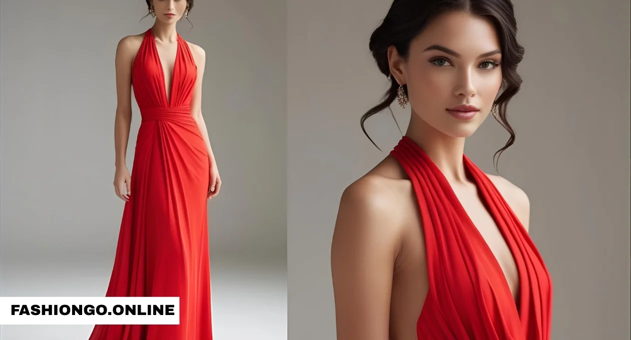 fame and partners vania red plunge halter satin dress